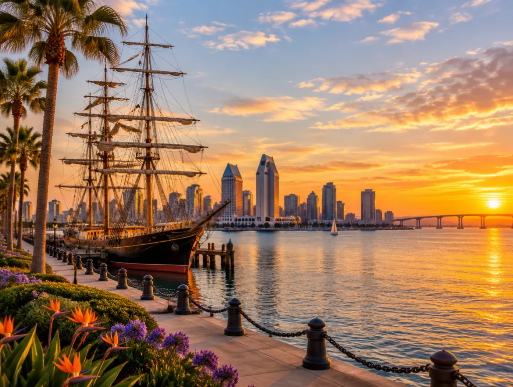San Diego waterfront with a historic tall ship at golden hour
