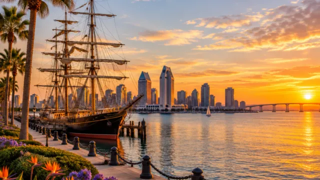 San Diego waterfront with a historic tall ship at golden hour