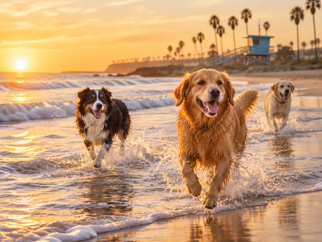 Dogs running at an off-leash dog beach in San Diego
