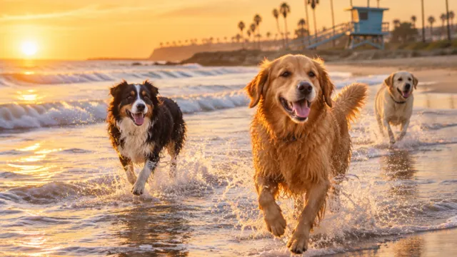 Dogs running at an off-leash dog beach in San Diego
