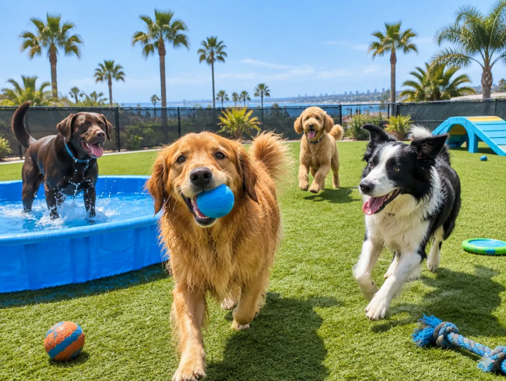 Dog daycare play yard in San Diego