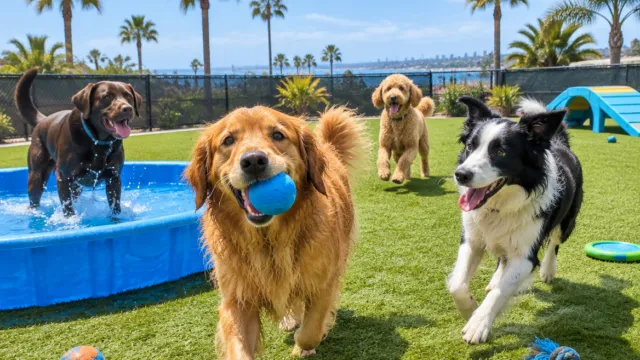 Dog daycare play yard in San Diego
