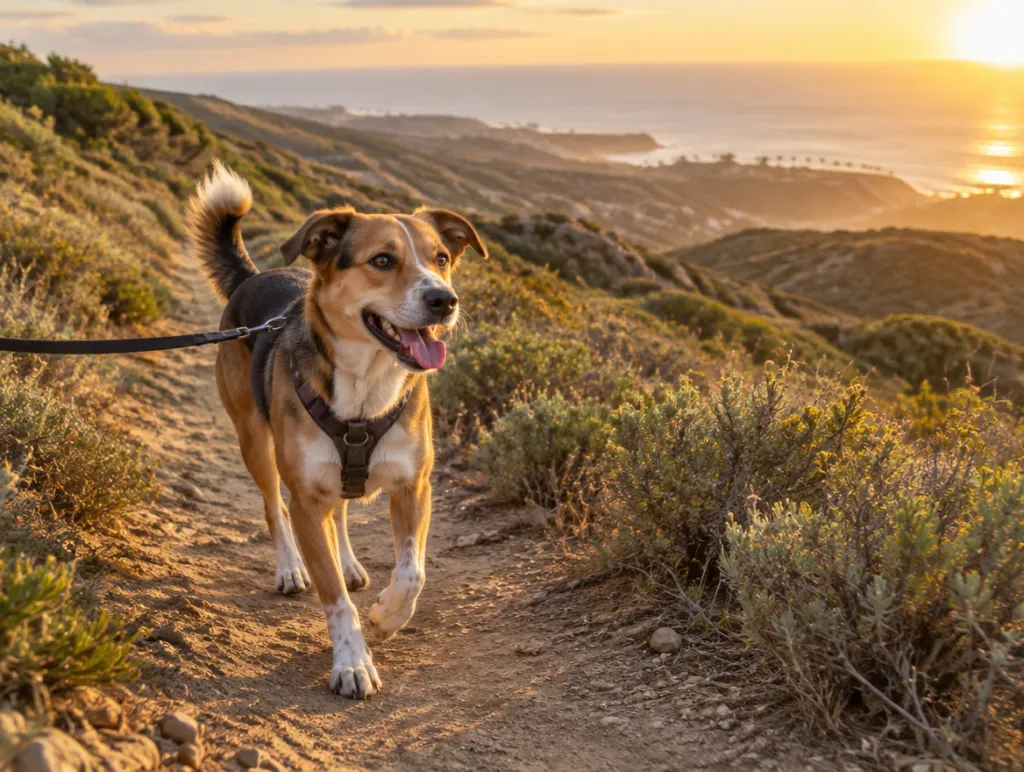 Dog on a hiking trail in the San Diego hills