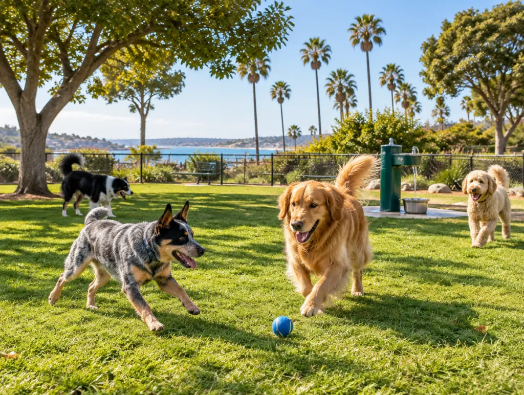 Dogs playing at a San Diego dog park