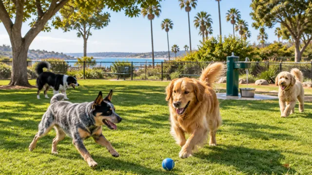 Dogs playing at a San Diego dog park