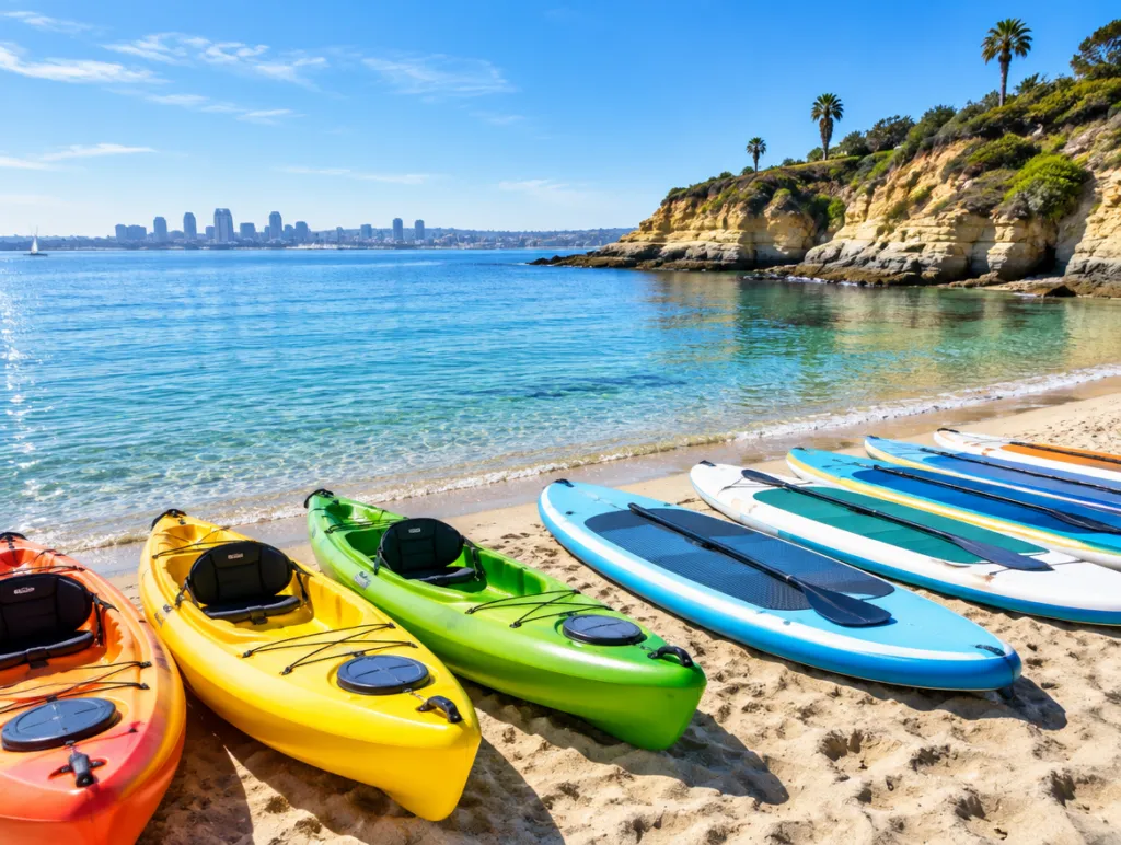 Kayaks and paddleboards on a San Diego beach