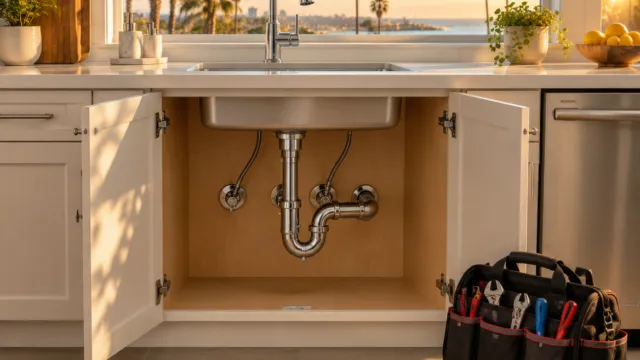 Plumbing under a kitchen sink in San Diego