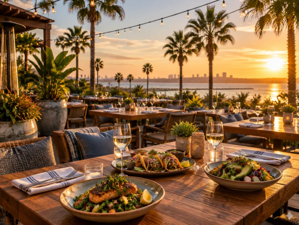 Restaurant patio in San Diego at golden hour
