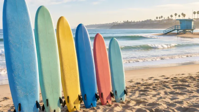 Surfboards on a San Diego beach