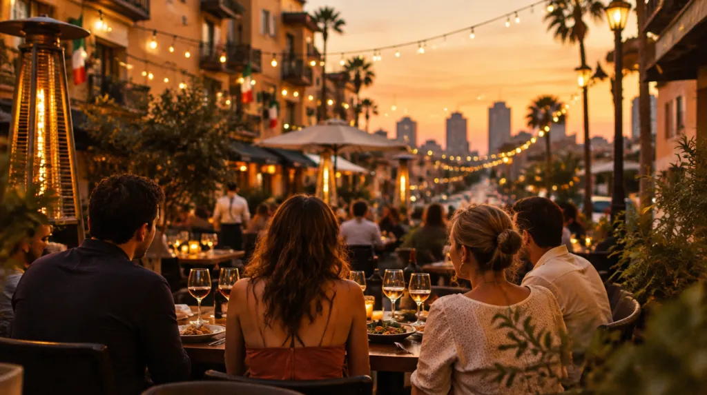 Restaurant patio in Little Italy, San Diego, at dusk