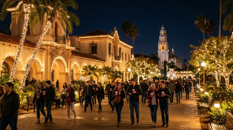 Holiday lights in Balboa Park during December Nights