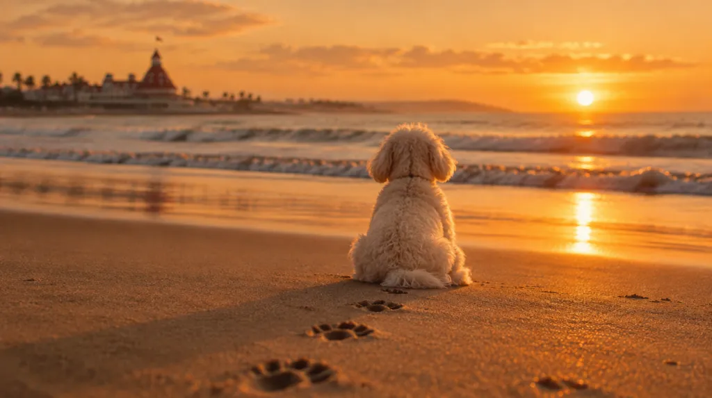 A small white pup sitting on Coronado beach at sunset