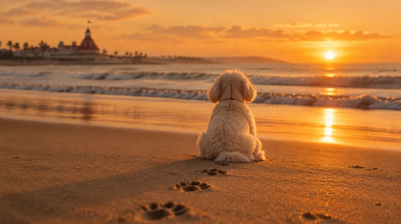 A small white pup sitting on Coronado beach at sunset